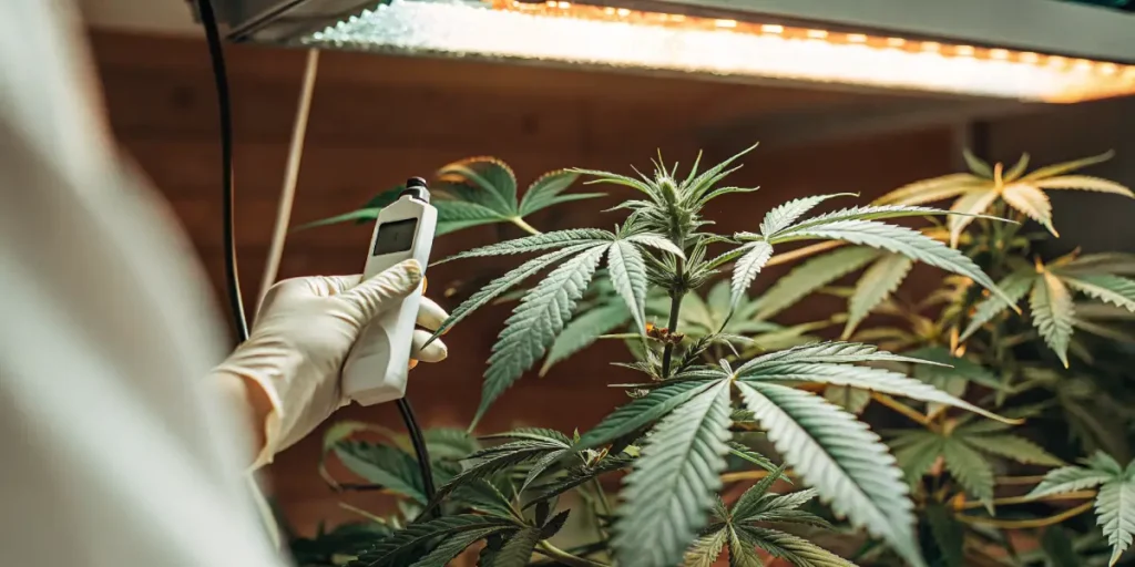 Close-up of a cannabis plant being tested under LED grow light in a laboratory.