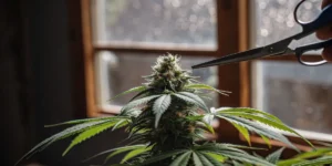 Close-up of a cannabis plant being topped with scissors in an indoor grow room