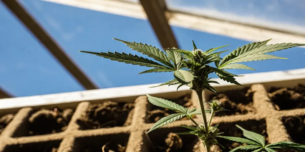 Young cannabis plant under sunlight inside a greenhouse with soil trays visible