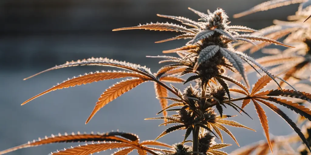 Cannabis plant with orange-tinted leaves under warm evening sunlight.