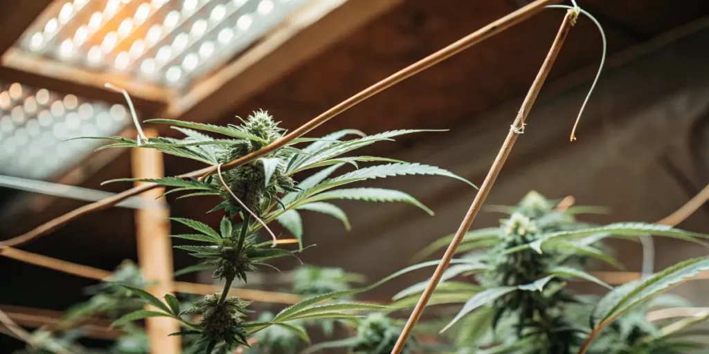 cannabis plant supported by sticks under artificial lights in indoor grow room