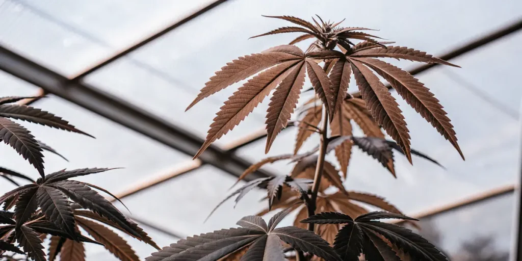 Feuilles de cannabis brun-rouge dans une serre éclairée.