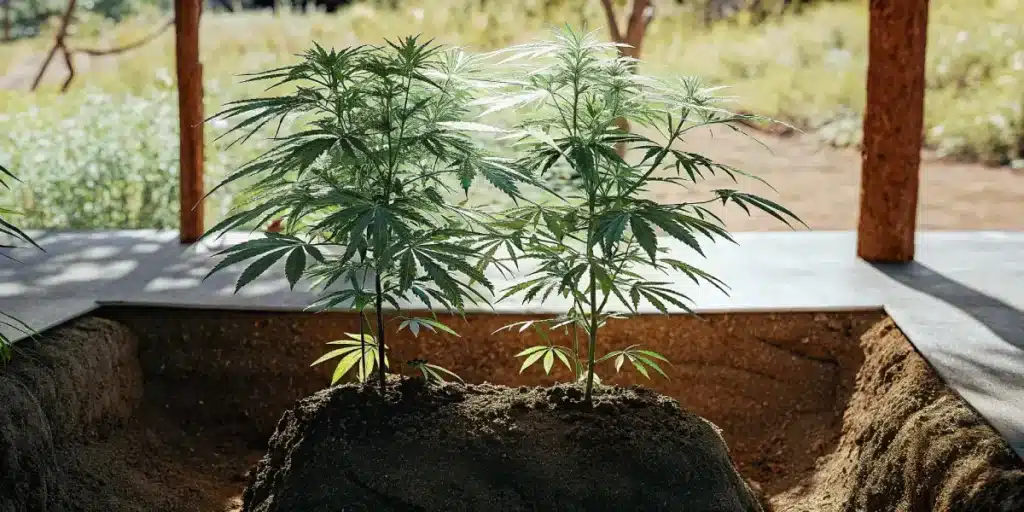 Two cannabis plants growing together in outdoor soil mound with natural sunlight.