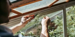 close-up of hands pruning a cannabis plant with scissors in a greenhouse