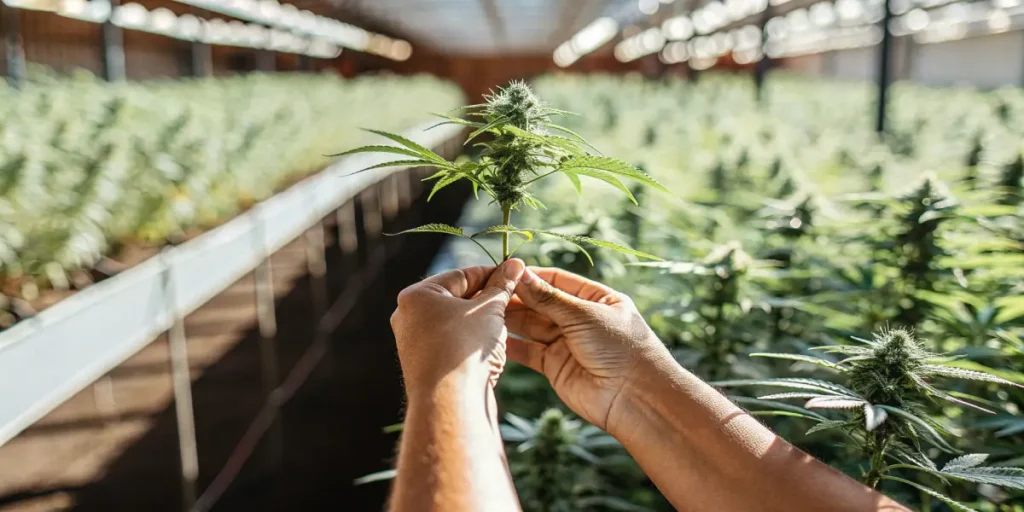 Hands carefully pruning a cannabis bud in a greenhouse setting
