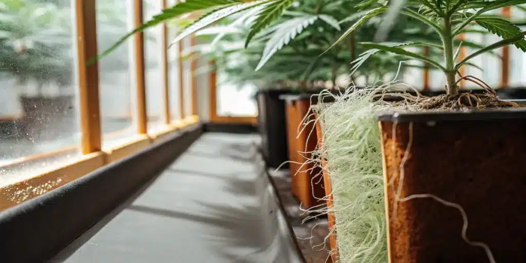Vue rapprochée des racines de cannabis sortant d’un pot en verre dans une serre hydroponique.