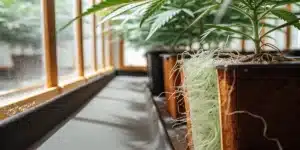 Vue rapprochée des racines de cannabis sortant d’un pot en verre dans une serre hydroponique.
