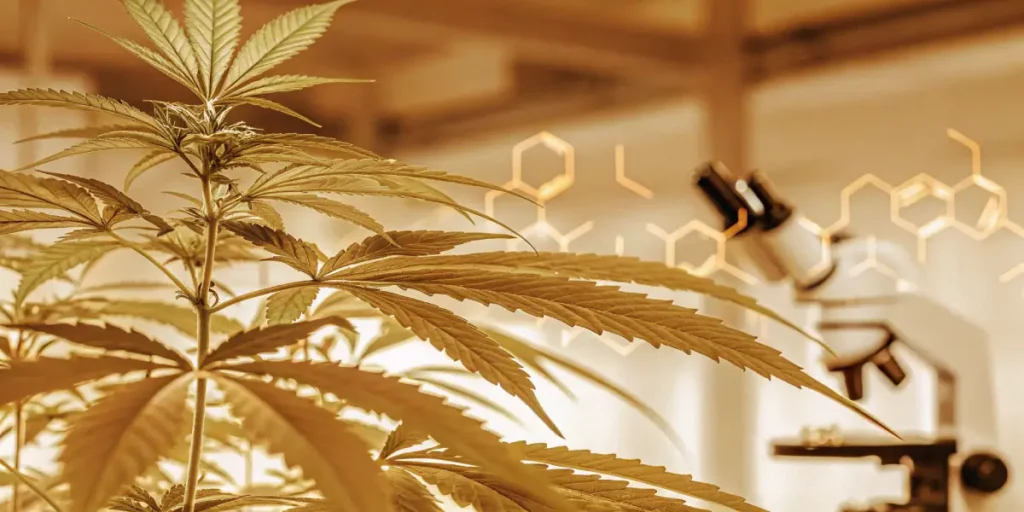 Cannabis plant in a research laboratory with scientific equipment in the background.