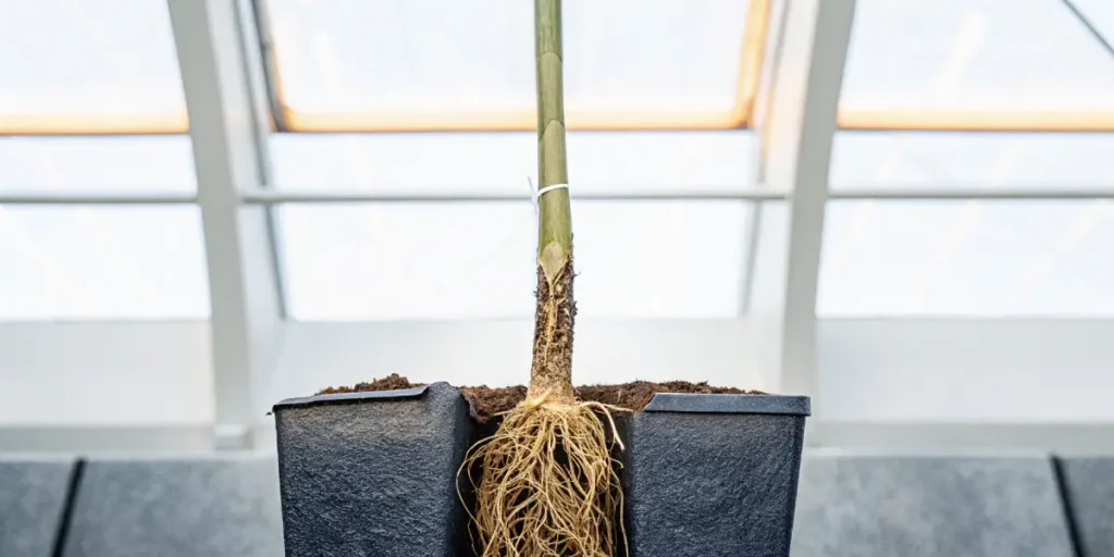 Cross-section view of a cannabis plant in a pot with roots growing in nutrient soil under greenhouse light.