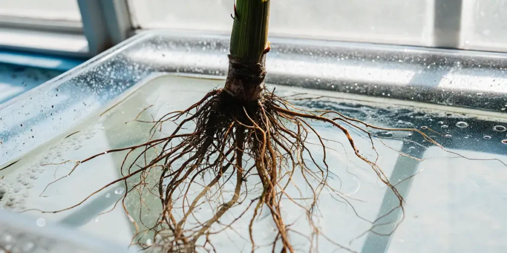 Close-up of a cannabis plant’s root system submerged in nutrient solution for hydroponic growth.
