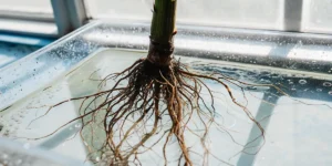 Close-up of a cannabis plant’s root system submerged in nutrient solution for hydroponic growth.