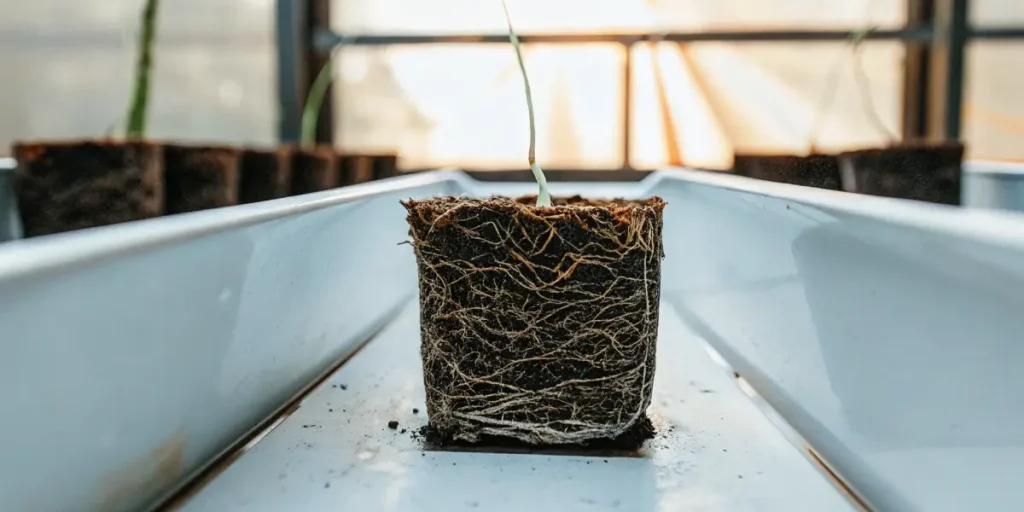 cannabis seedling roots exposed in nutrient-rich soil block