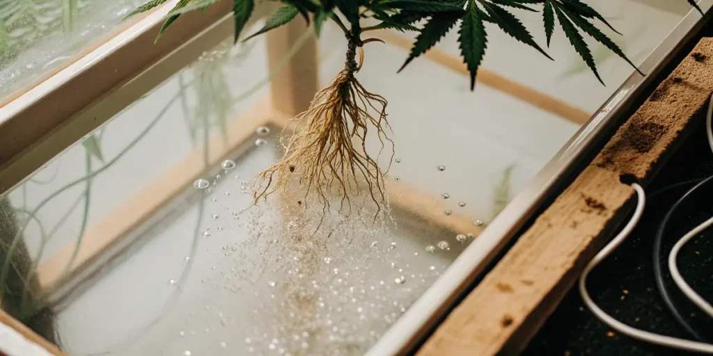 cannabis roots suspended in a hydroponic system with nutrient solution