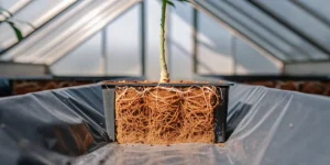 Cannabis plant roots exposed in a potting container inside a greenhouse.