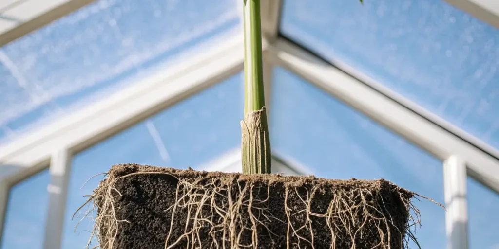 Cannabis plant roots visible in a soil block inside a greenhouse.