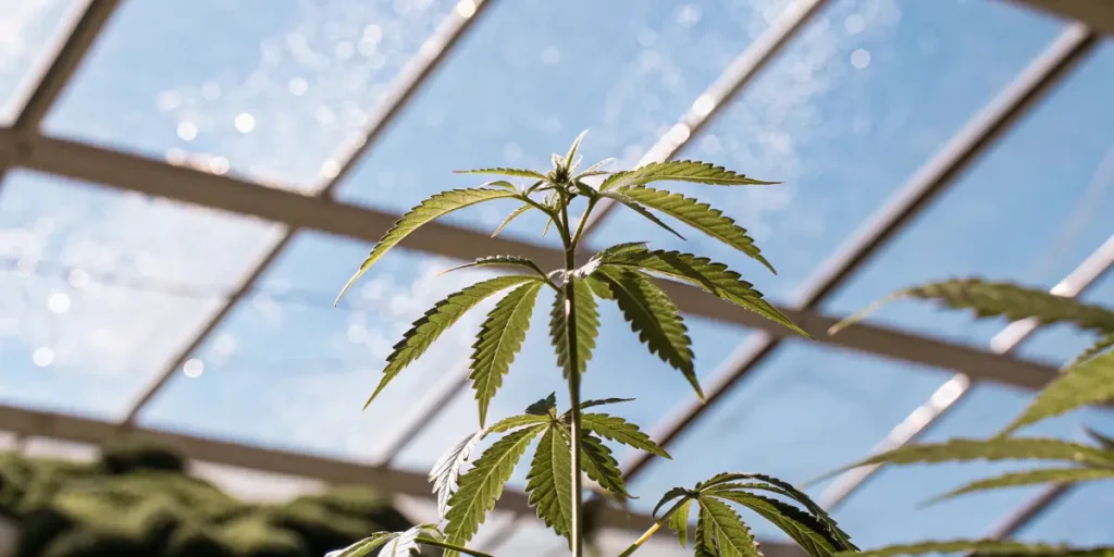 Cannabis seedling growing in a greenhouse under natural light.