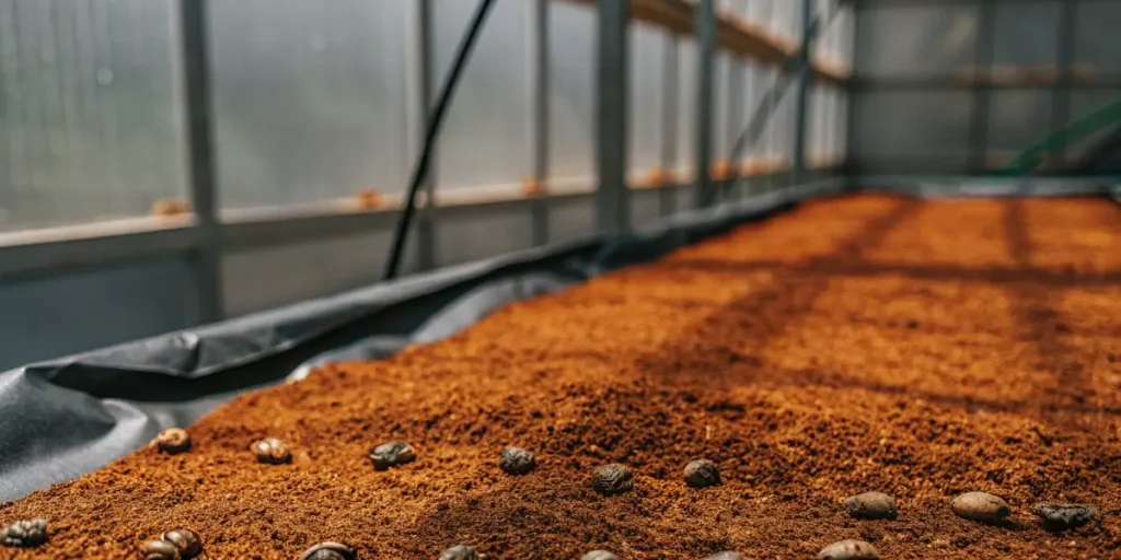 Close-up view of cannabis seeds resting on nutrient-rich soil inside a greenhouse.