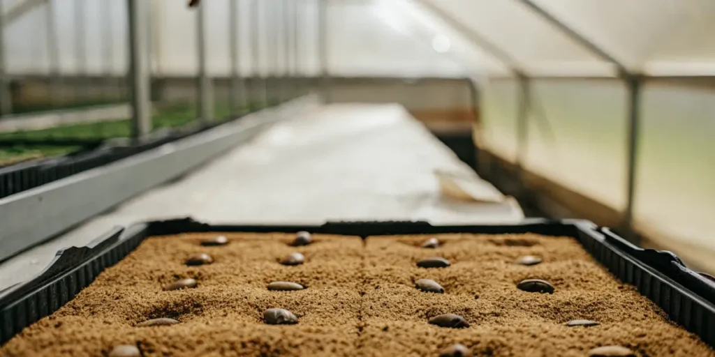Macro shot of cannabis seeds placed in germination trays inside a greenhouse.