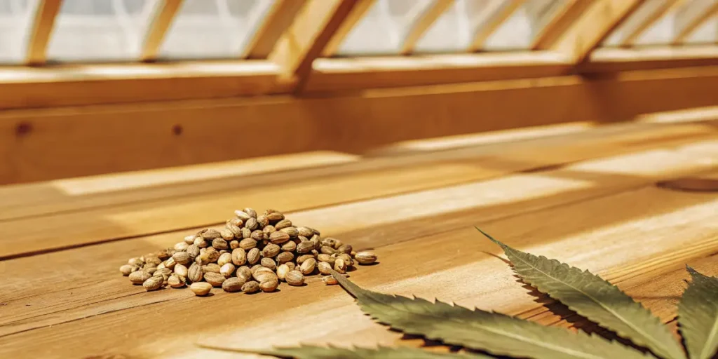 Pile of cannabis seeds on a wooden surface with sunlight filtering through greenhouse windows.