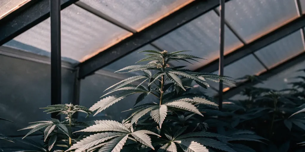 Grande plante de cannabis sous serre avec lumière naturelle et toit translucide