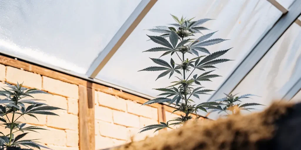 Plante de cannabis en croissance dans une serre avec mur en briques et lumière naturelle