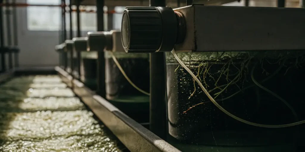 Réservoir hydroponique contenant les racines de cannabis immergées dans une solution nutritive.