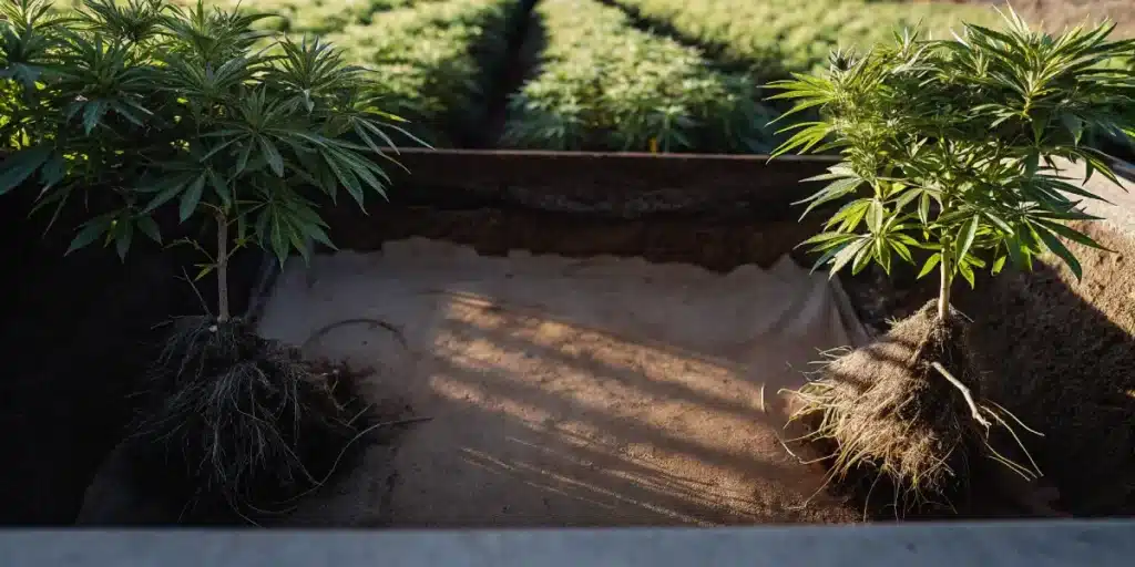 Cannabis plants with exposed root systems during transplanting in an outdoor field.