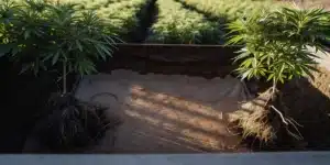 Cannabis plants with exposed root systems during transplanting in an outdoor field.