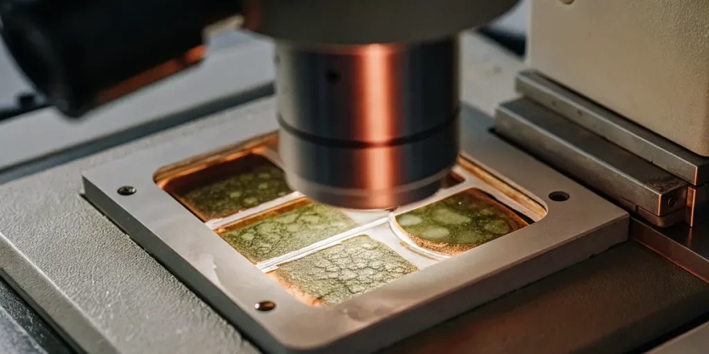 Vue microscopique de cellules de feuille de cannabis montrant des structures détaillées.