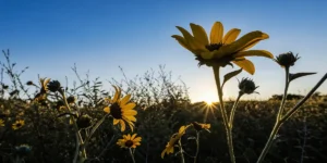 Close-up of a sunflower field at golden hour with sun rays highlighting yellow petals.
