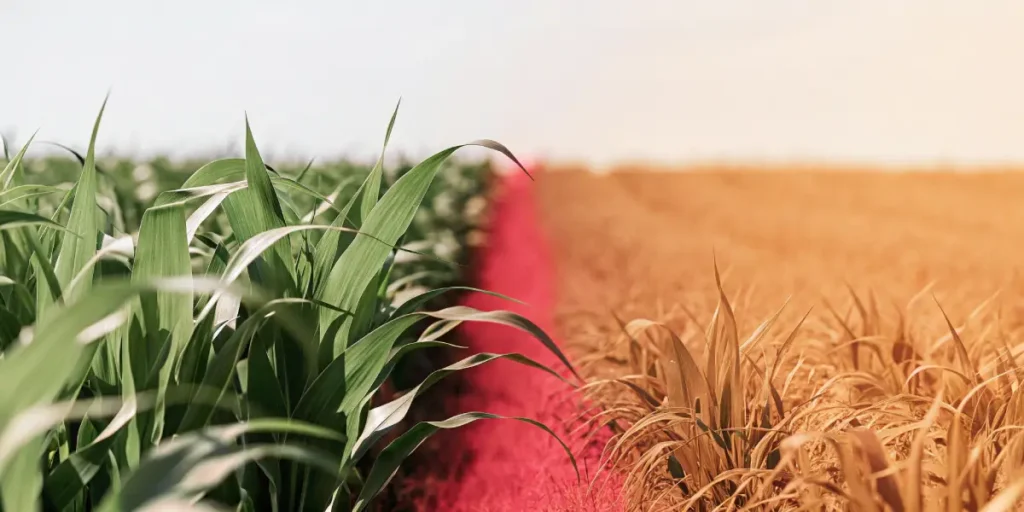 Side-by-side view of a healthy cornfield and a drought-stricken dry field.