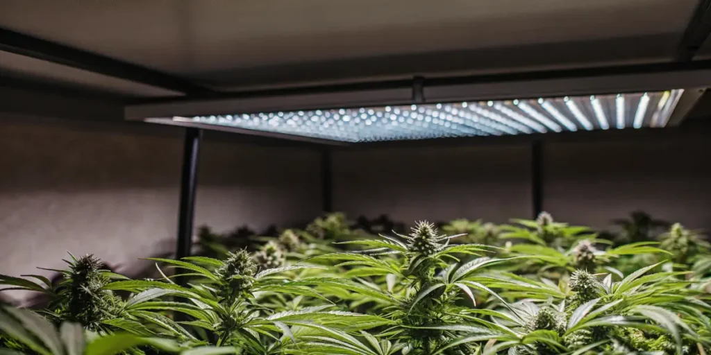 Plants de cannabis en croissance sous une lampe LED dans un espace de culture intérieur.