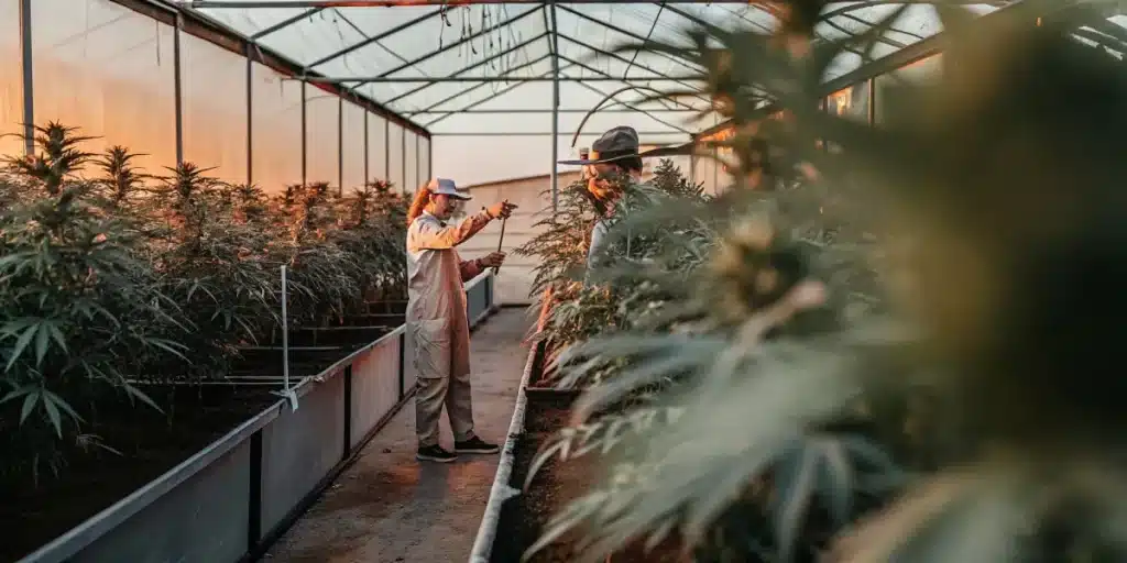 Scène de culture de cannabis dans une serre au coucher du soleil avec deux cultivateurs inspectant les plantes.