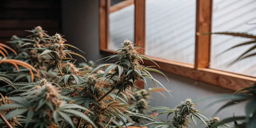 Dense overgrown cannabis plant with tangled branches under indoor grow lights.