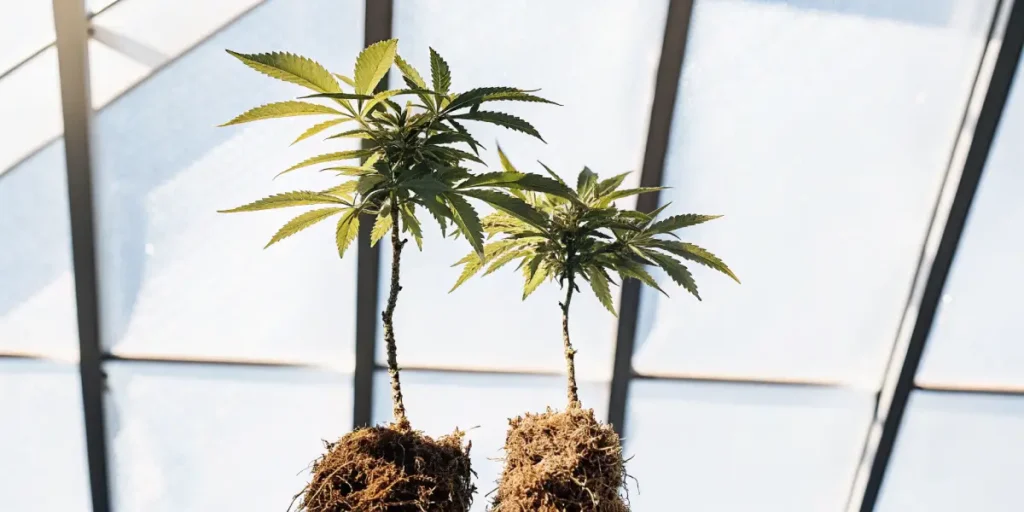 Deux jeunes plants de cannabis dans une serre, avec racines visibles et tiges élancées.