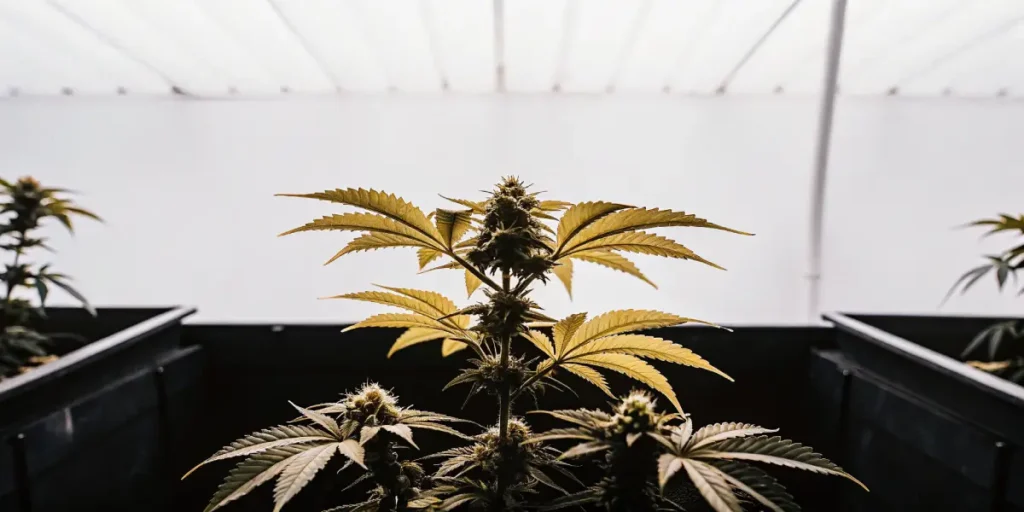 close-up of a feminized cannabis plant with yellowing leaves in an indoor grow room