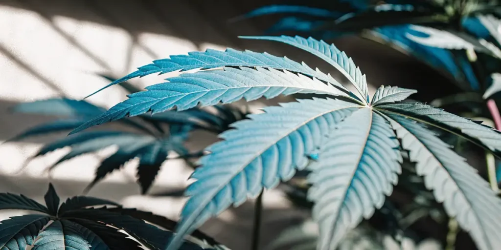 Gros plan d'une feuille de cannabis aux tons bleus sous une lumière en serre.
