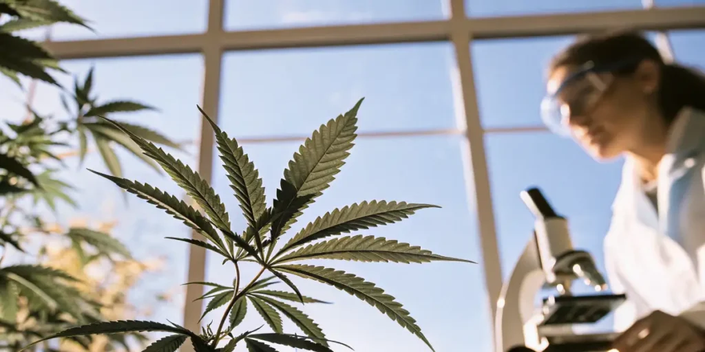 Feuille de cannabis en gros plan avec une scientifique en arrière-plan dans un laboratoire lumineux.