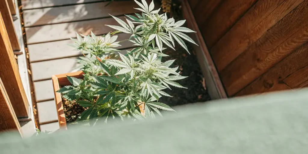 Gros plan de feuilles de cannabis vert bleuté près d’une fenêtre, éclairées par une lumière diffuse.