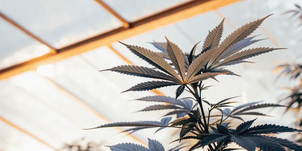 feuille de cannabis en gros plan sous lumière naturelle dans une serre