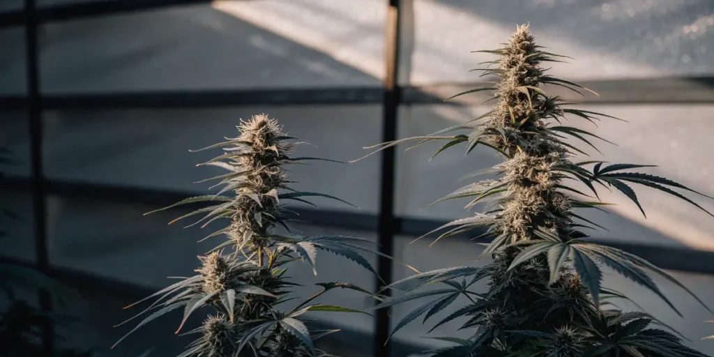 Frosty cannabis buds covered in trichomes growing in a greenhouse.