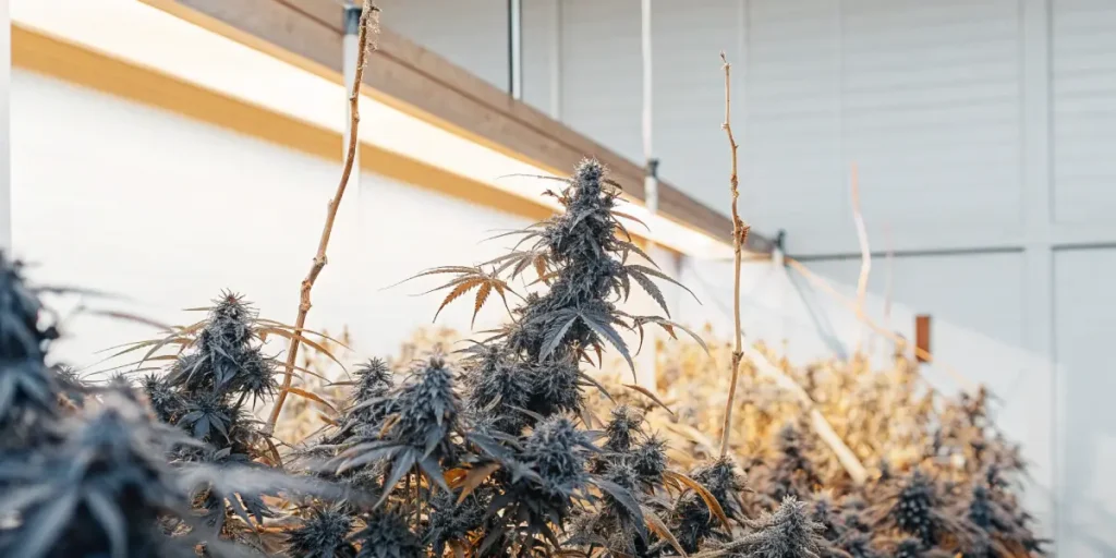 Frosty purple cannabis buds growing under bright indoor lights.