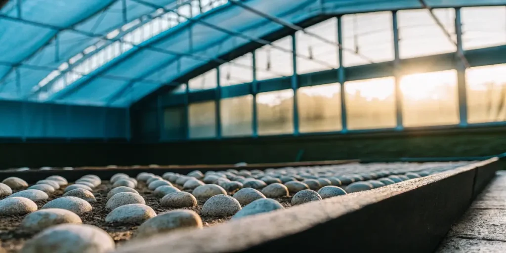 Macro shot of glistening cannabis seeds nestled in nutrient soil under greenhouse light.