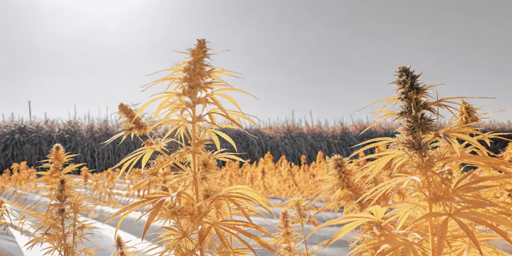 Golden cannabis plants in an outdoor field under natural sunlight.