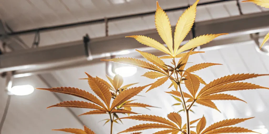 Golden cannabis leaves glowing under bright indoor grow lights.