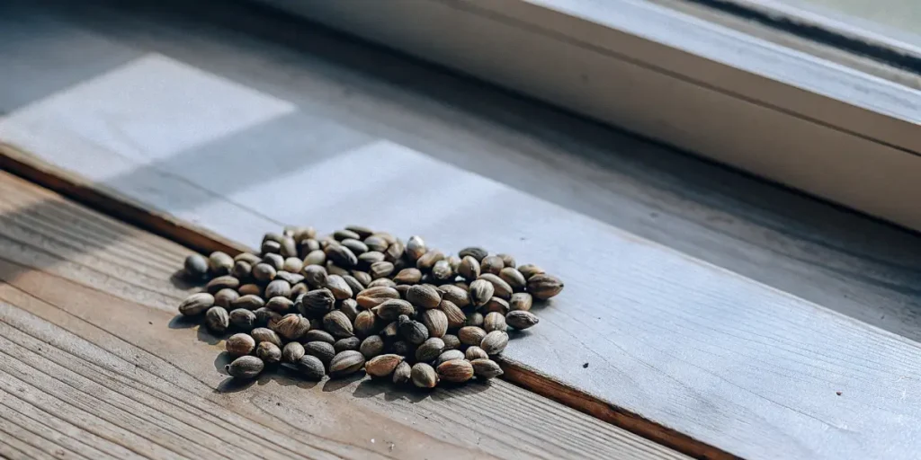 Tas de graines de cannabis sur une surface en bois naturel à côté d’une fenêtre.