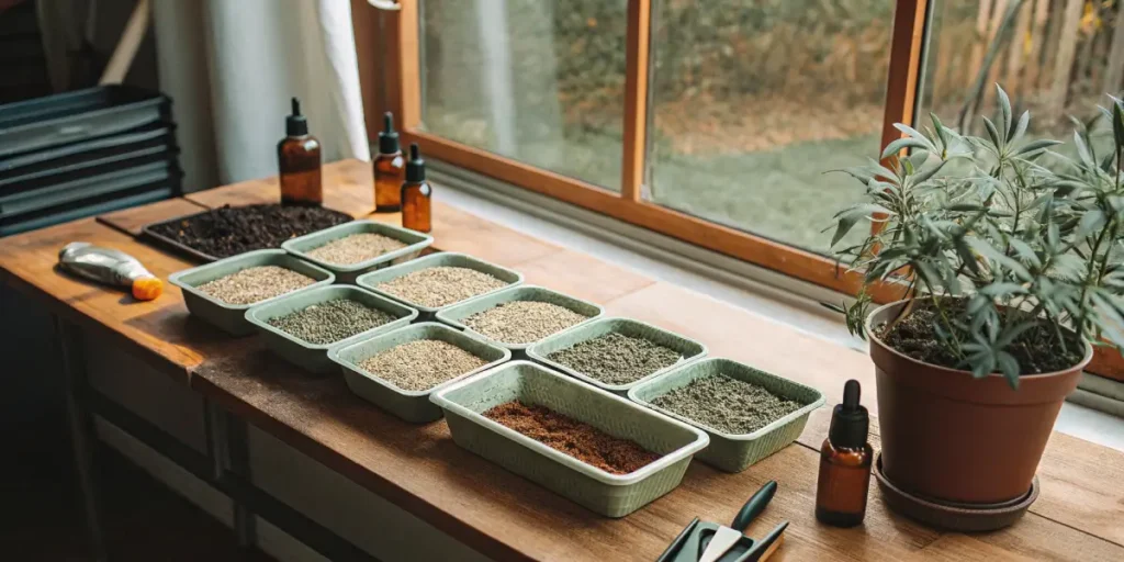 Graines de cannabis de différentes variétés soigneusement disposées dans des plateaux.