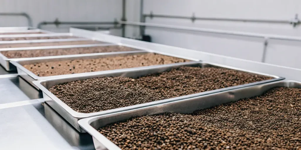 Plateaux métalliques remplis de graines de cannabis soigneusement triées.