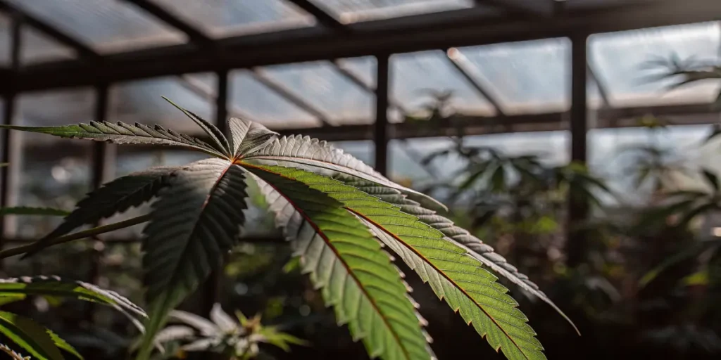 Close-up of a green cannabis leaf under natural light in a greenhouse.