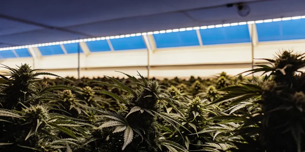 Gros plan d'une culture de cannabis en intérieur avec des plants en floraison sous une lumière artificielle bleutée.